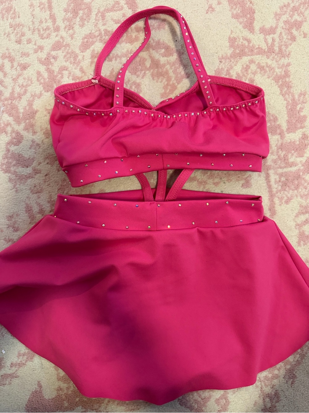 Girls Hot Pink Dance Crop Top & Skirt Set with Rhinestone Trim